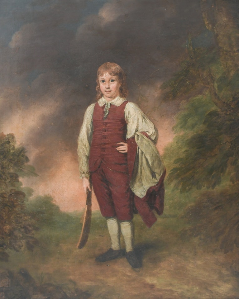 Portrait of a young boy, traditionally identified as Francis Page of Newbury, full-length, in a landscape holding a cricket bat by English School