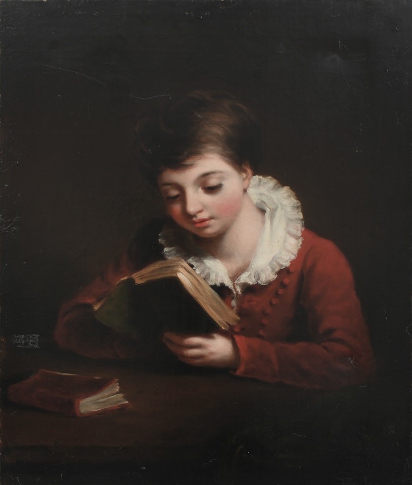Portrait of a boy wearing a red coat, reading at a table by English School