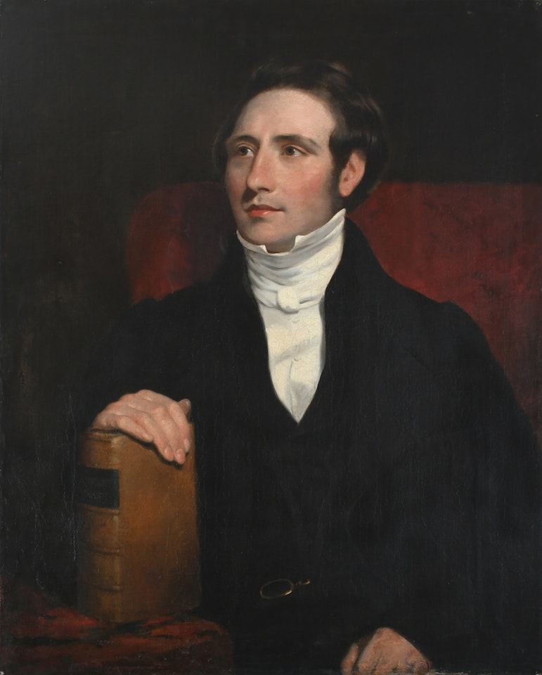 Portrait of a gentleman, half-length, seated and resting his hand on a volume of English Verse by English School