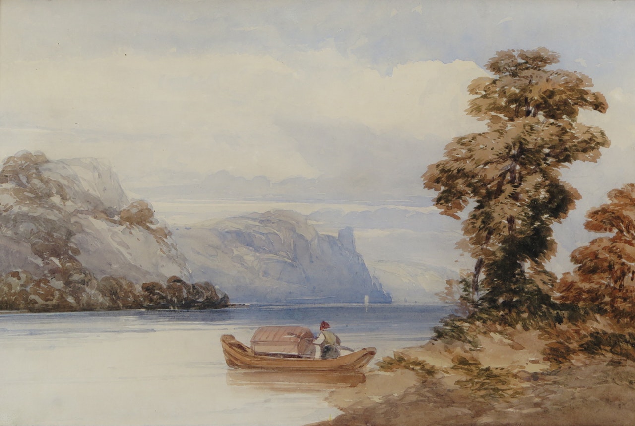 Figure in a boat on a lake, possibly Germany by William Callow