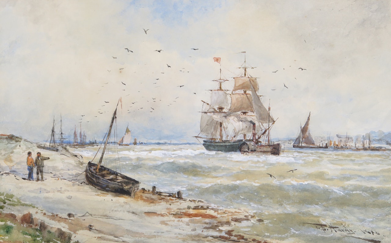 An estuary scene with a steam tug and barque by Thomas Bush Hardy