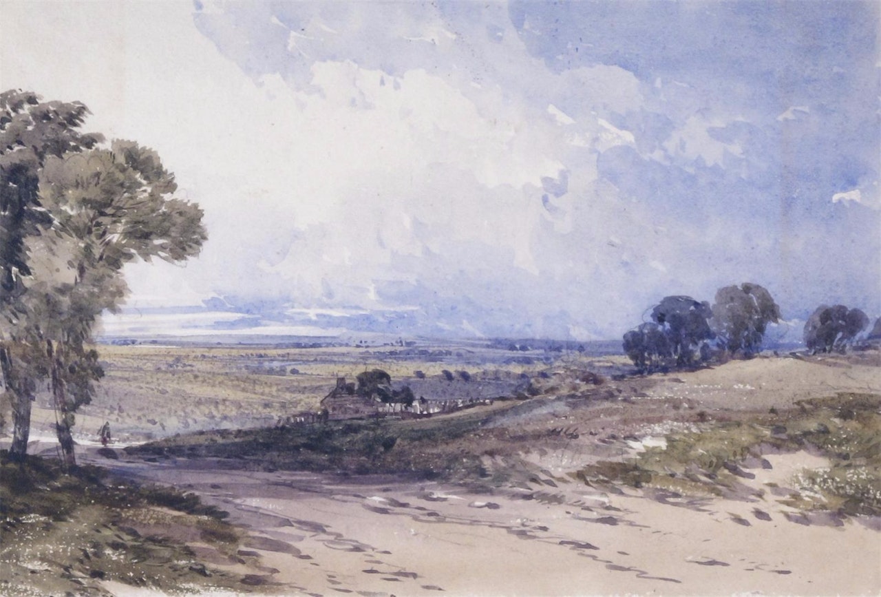 Extensive landscape with a figure on a track by William Callow