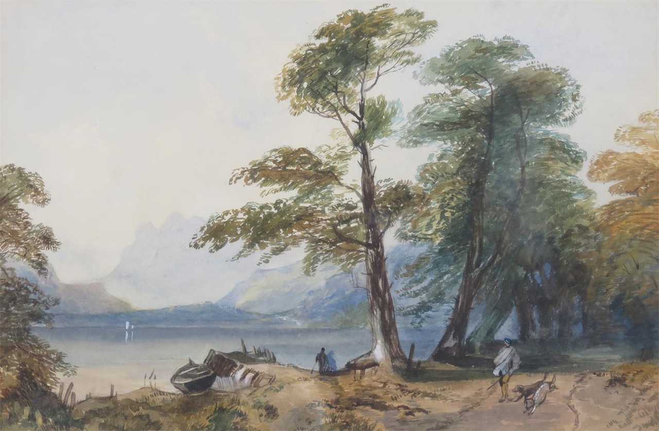 Figures by a wooded lake by English School