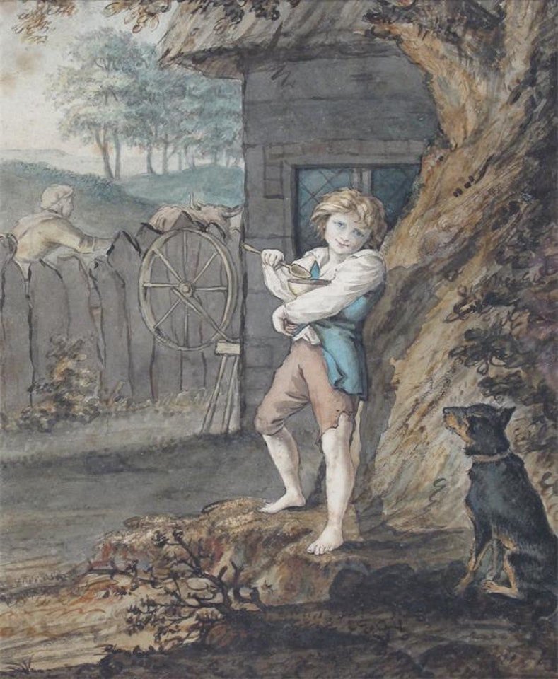 A boy feeding his dog; A woman sewing by English School