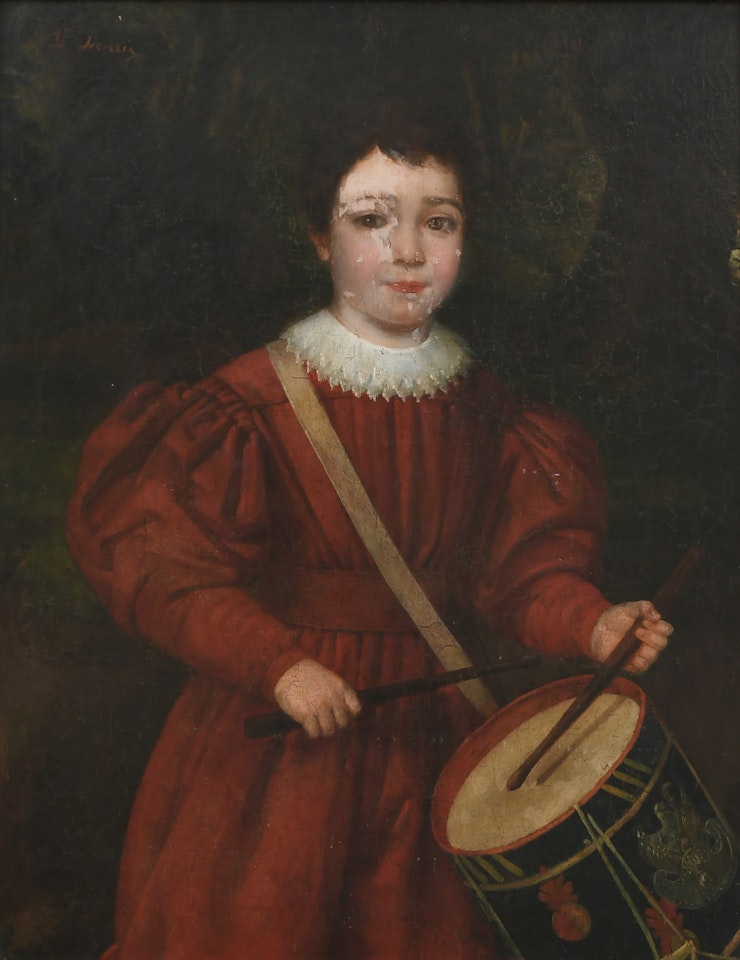 Portrait of a young boy, three-quarter length, dressed in red playing a drum by Continental School