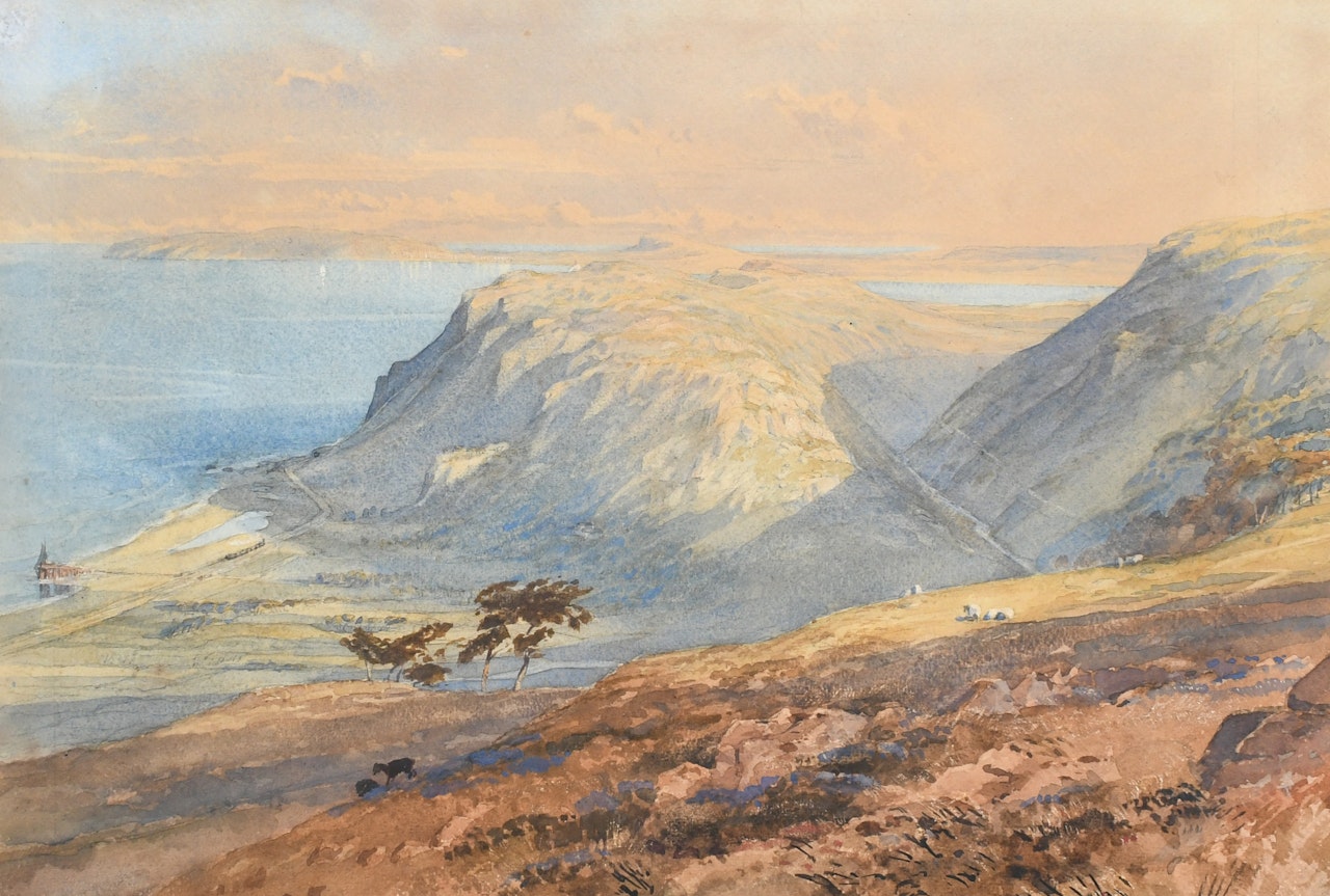 Mountain landscape with cattle grazing and a train passing a staithe, with the sea beyond by English School