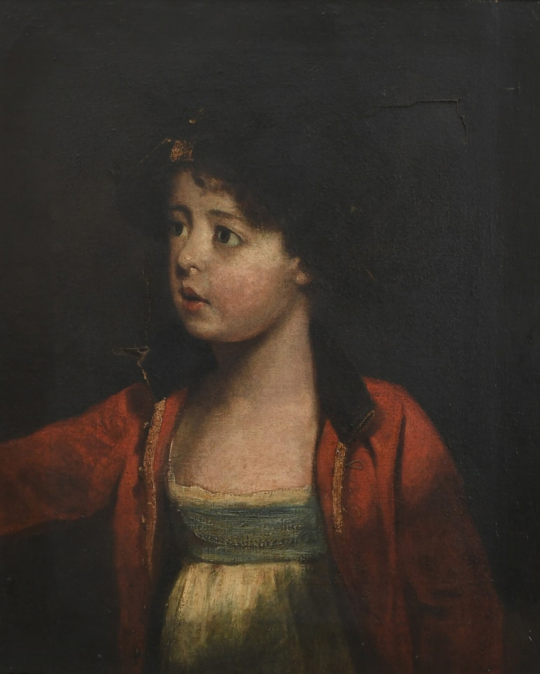 Portrait of a young girl wearing a red jacket by English School