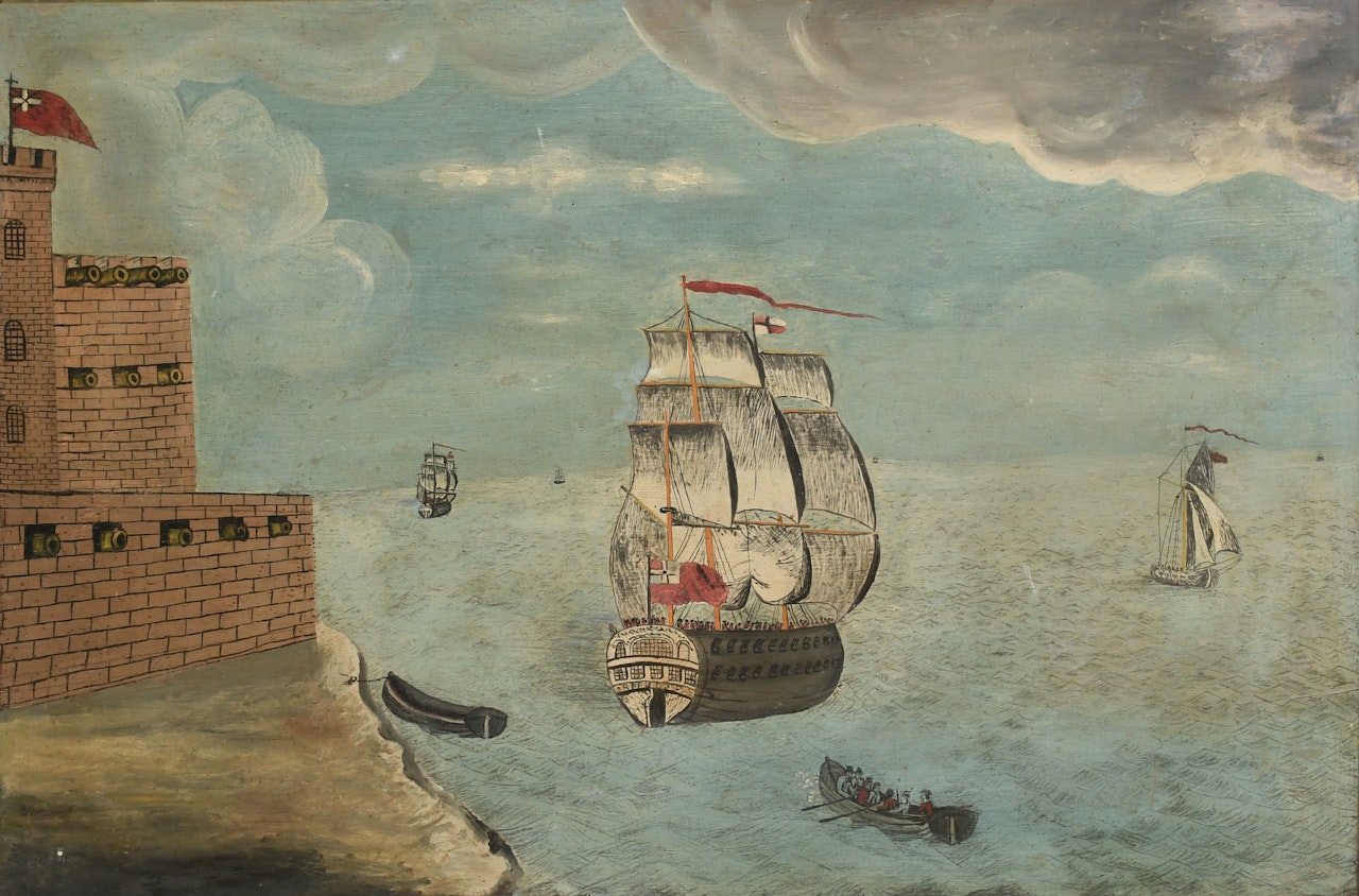 A large English frigate underway below a well-armed coastal fortress by English School