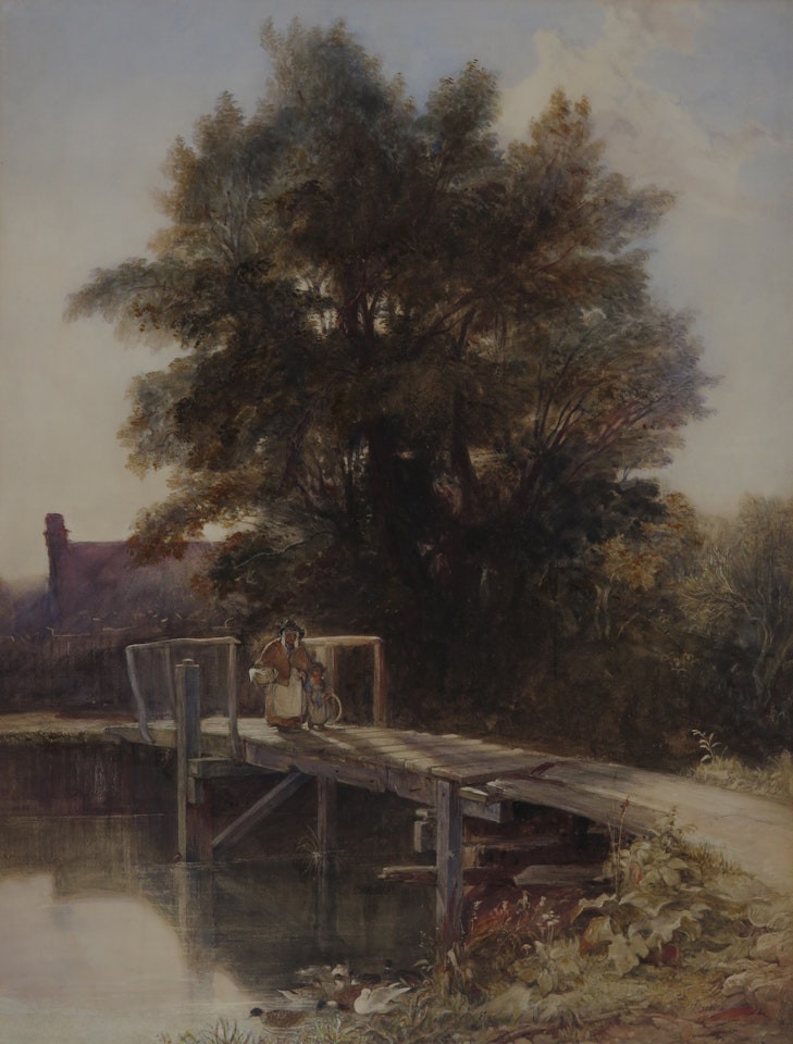 Figures on a footbridge by Edward Duncan