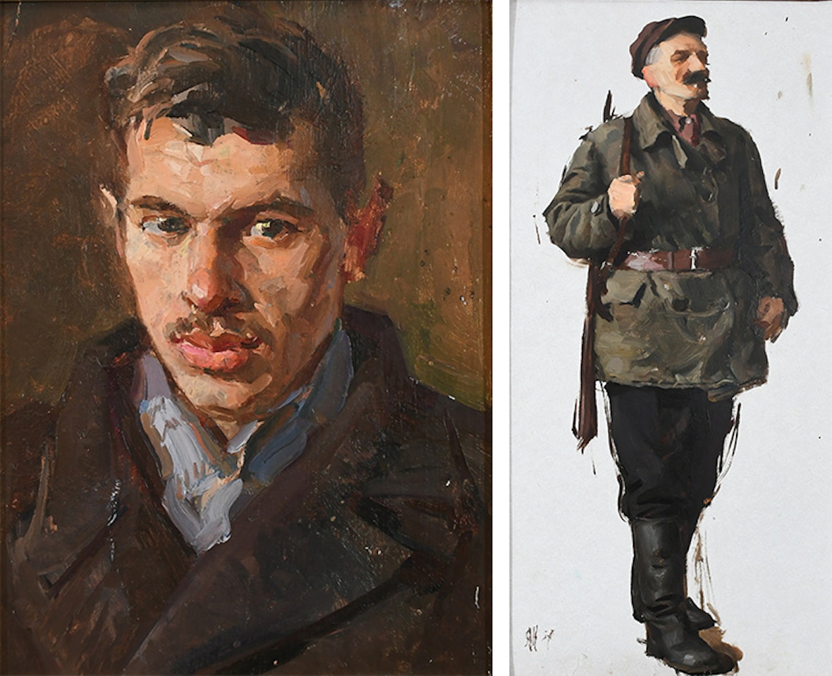 Portrait of a young man wearing a blue scarf; Study of a soldier by Russian School