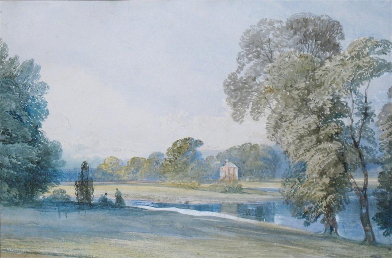Figures by a lake with a cottage beyond by William Callow