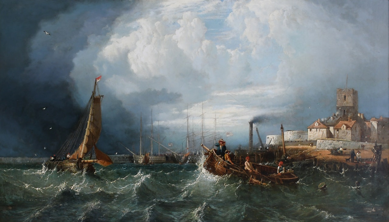 Fishing boats in choppy waters at Portsmouth by James Webb