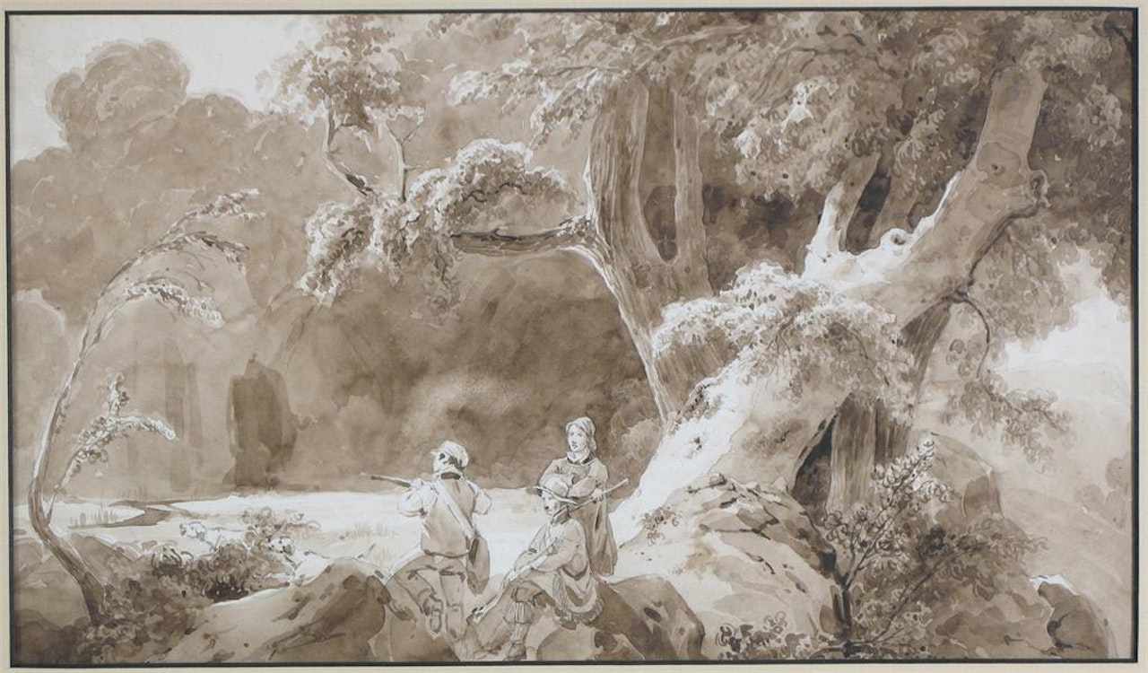 Rustics in wooded landscapes by English School