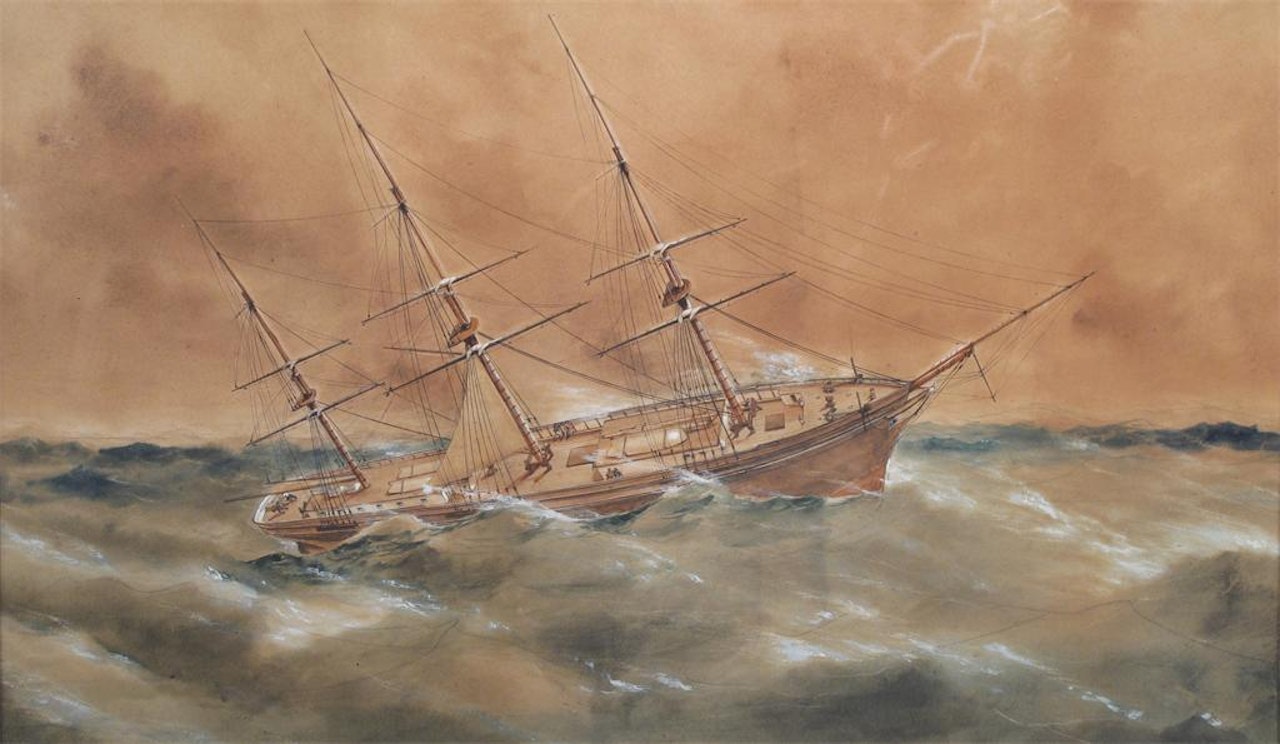Ship in rough water by English School