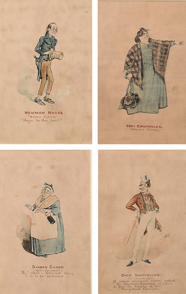 Studies of Charles Dickens characters, comprising Newman Noggs (Nicholas Nickleby); Mrs Crummles (Nicholas Nickleby); Sairey Gamp (Martin Chuzzlewit); Dick Swiveller (The Old Curiosity Shop); Toots (Dombey and Son) and Trotty Veck (The Chimes) by English School