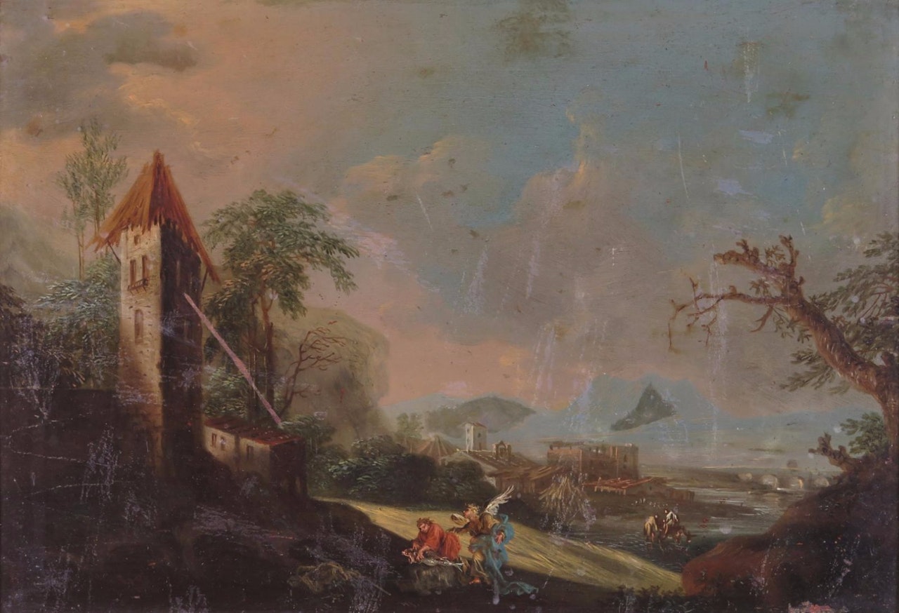 Harvesters by a windmill; Tobias and the angel by Dutch School
