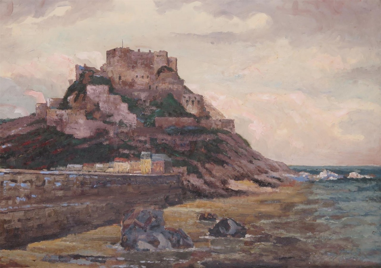 View of Mount Orgueil Castle, above the fishing village of Gorey on Jersey by English School