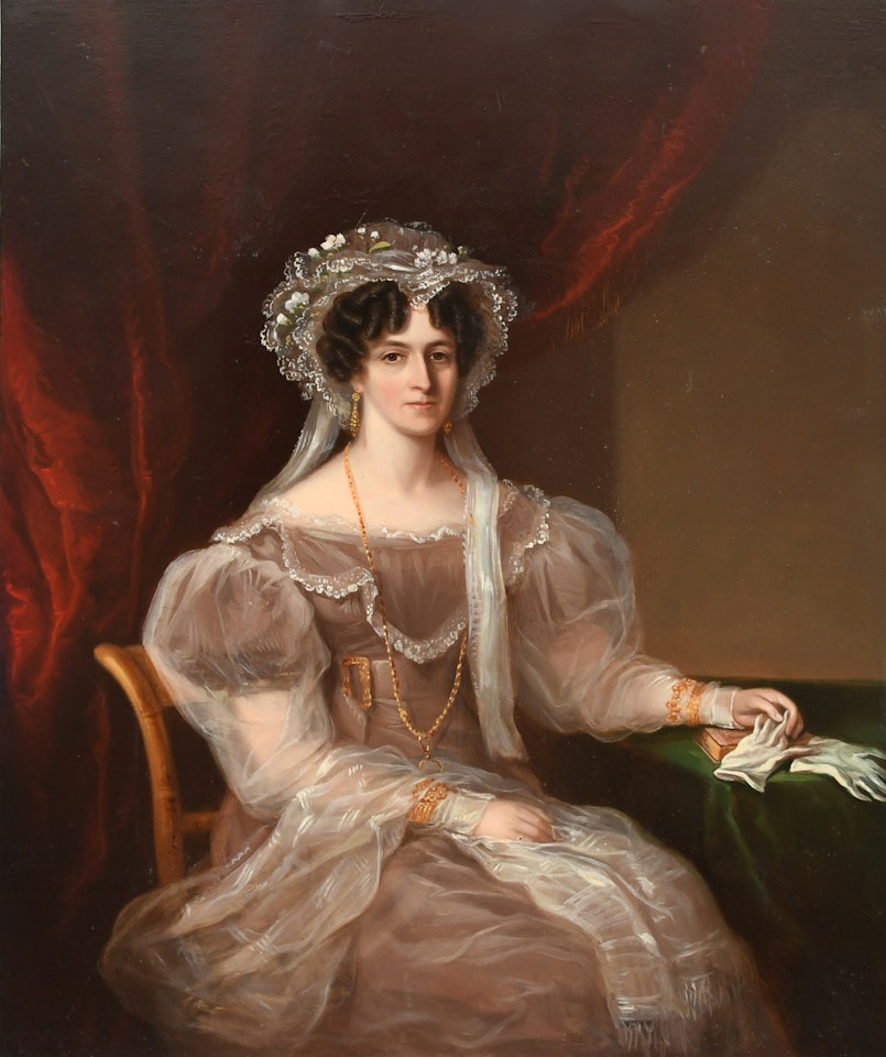 Portrait of a lady, three-quarter length, wearing a lace dress and bonnet, seated in an interior by Continental School