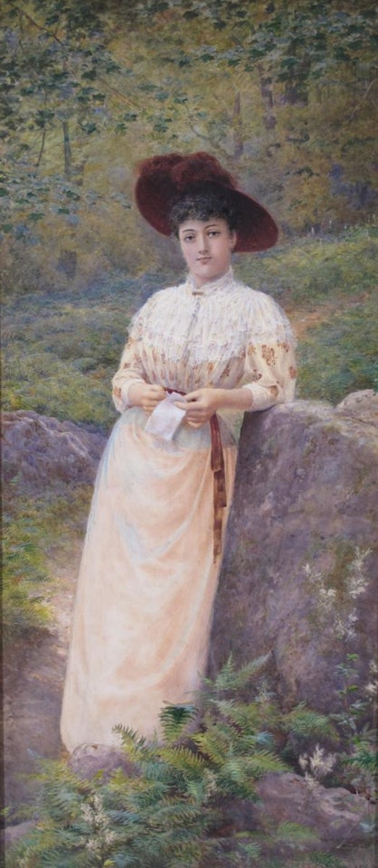 A lady standing in a wooded landscape, holding a letter by English School