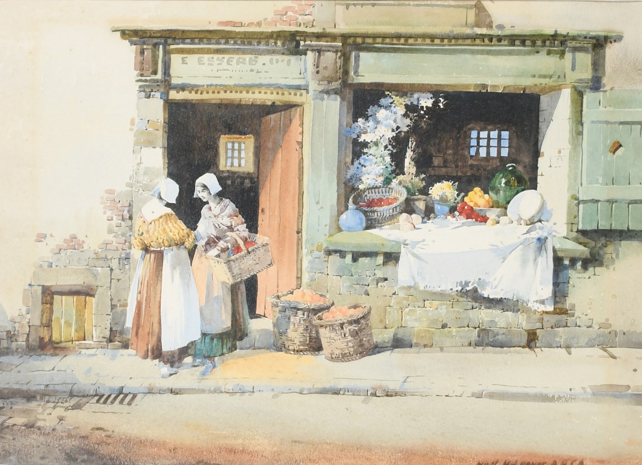 Continental street scene with figures outside a grocery by Noel Harry Leaver