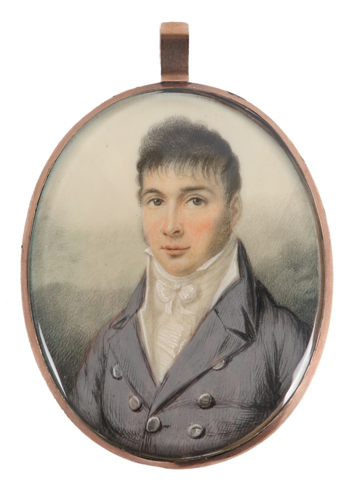 Portrait miniature of a gentleman wearing a grey coat and white waistcoat by English School