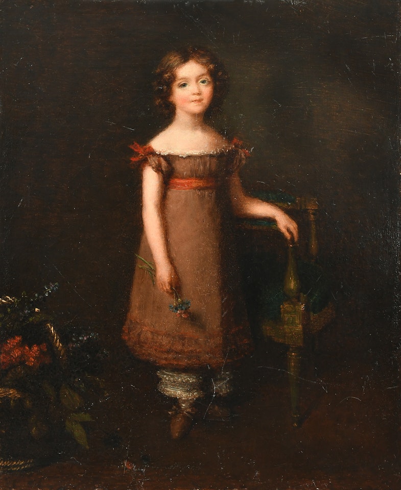 Portrait of a young girl, full-length, standing in an interior by a chair, holding a posy of flowers by Continental School