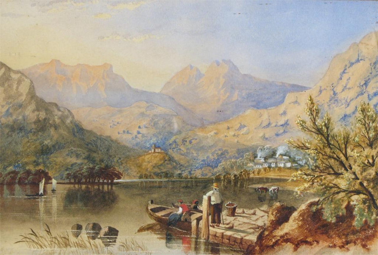 Figures by a lake in an alpine landscape by English School
