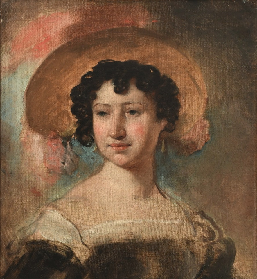 Portrait study of a lady wearing a broad-brimmed feathered hat by English School