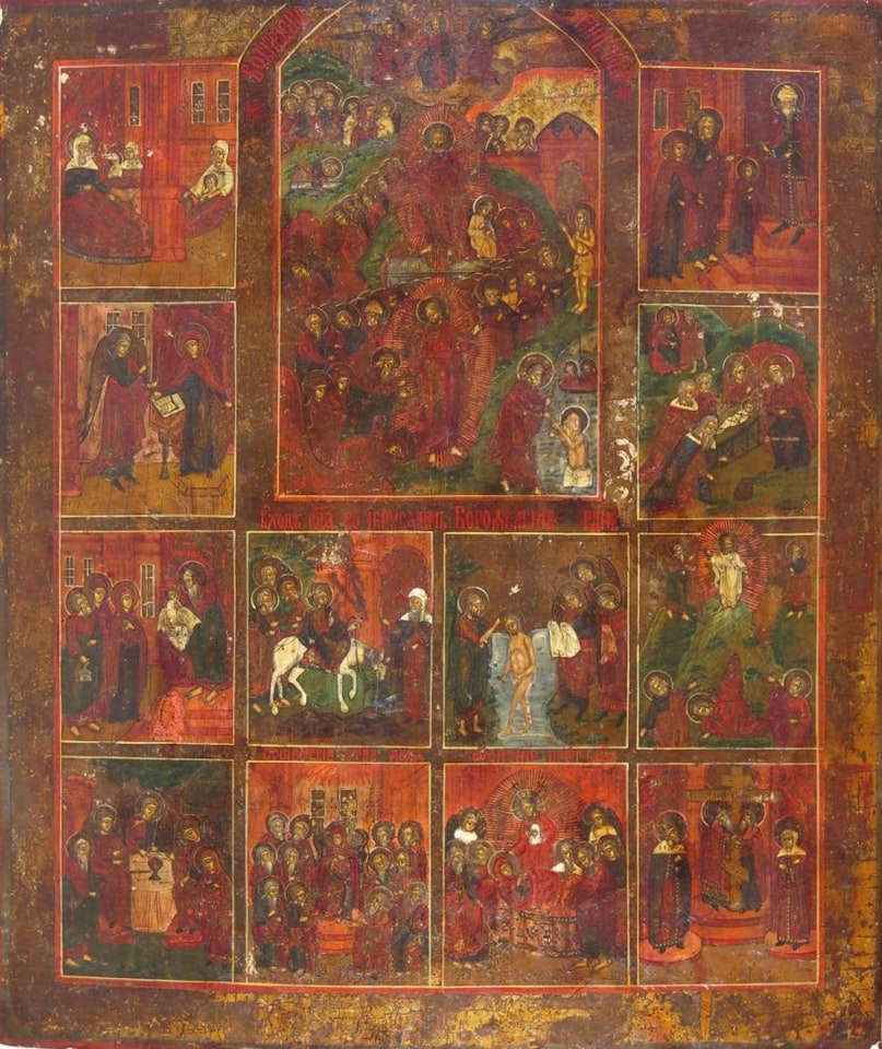 Twelve Feasts with a central icon of Easter by Russian School