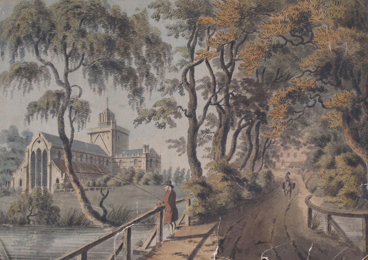View of Romsey Abbey with a man fishing by English School