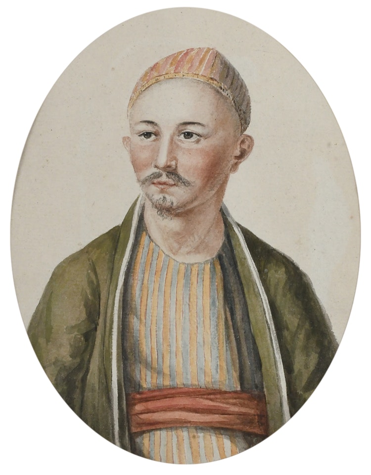 Portrait of a Chinese man, wearing a green coat and striped shirt by English School