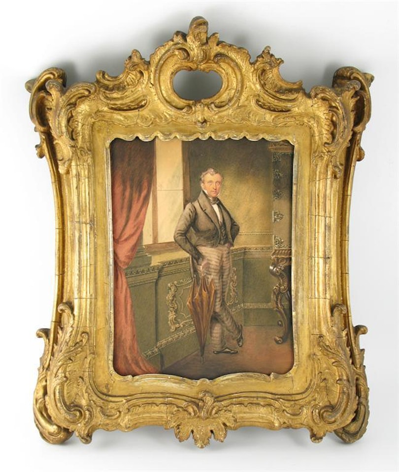 Portrait of a lady and a gentleman, full length in an interior, one seated one standing by English School