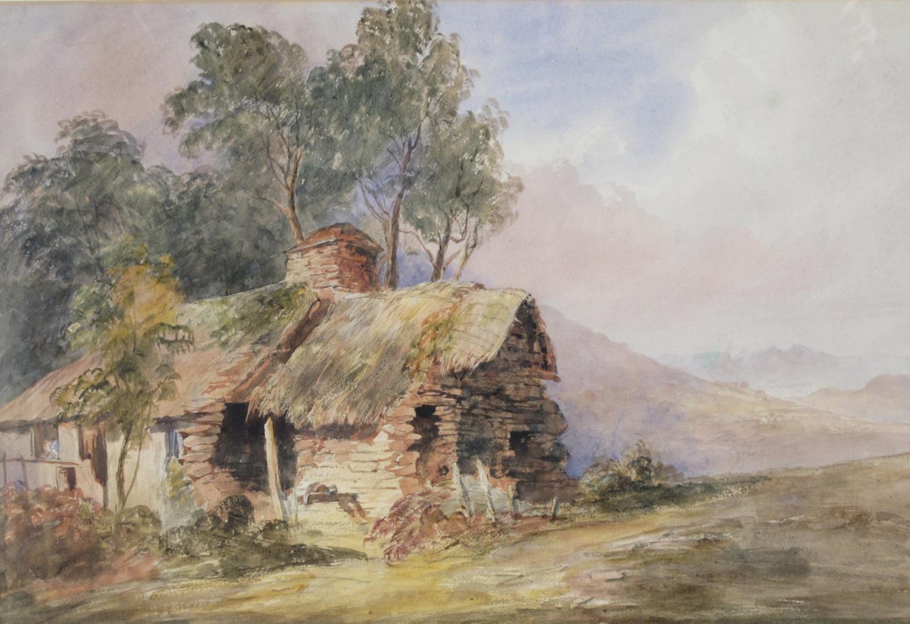 A ramshackle cottage in a landscape by English School