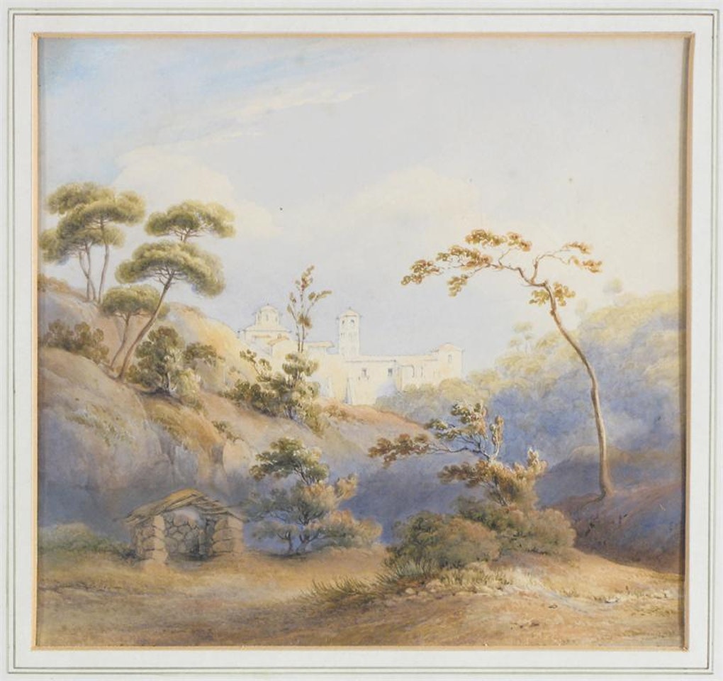 Italianate landscape with distant monastery by English School