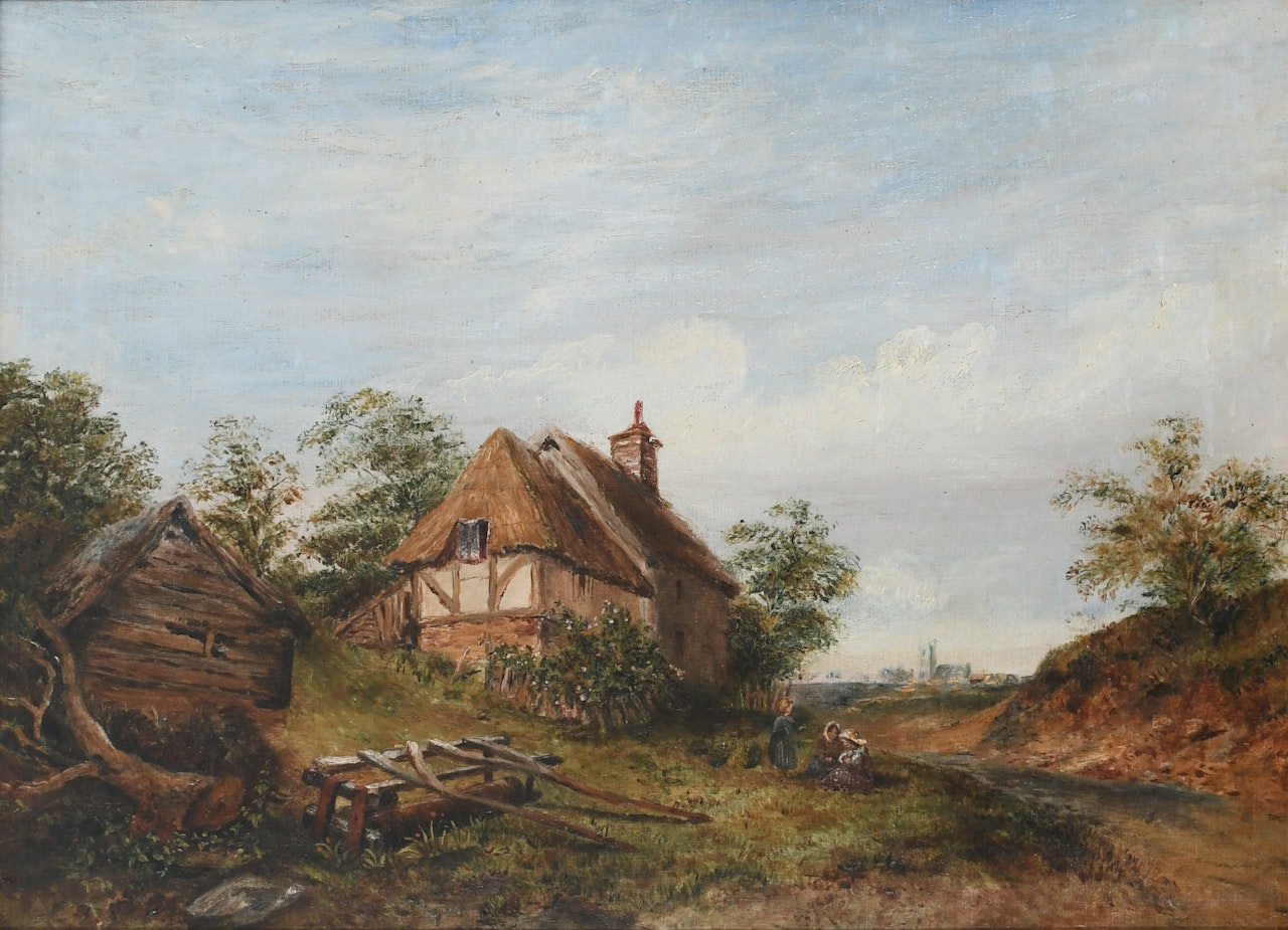 Landscape with children outside a cottage and a church in the distance by English School