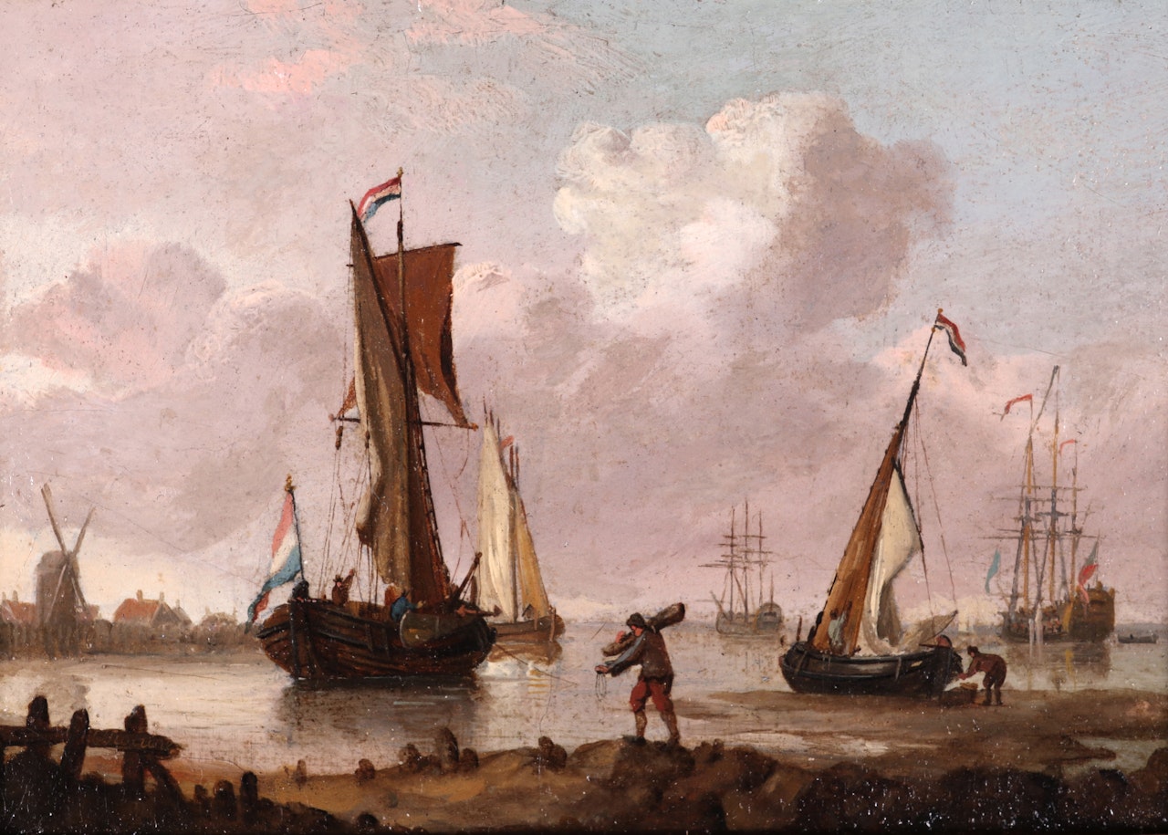 Dutch ships on a choppy sea and at anchor on the coast by Francis Swaine