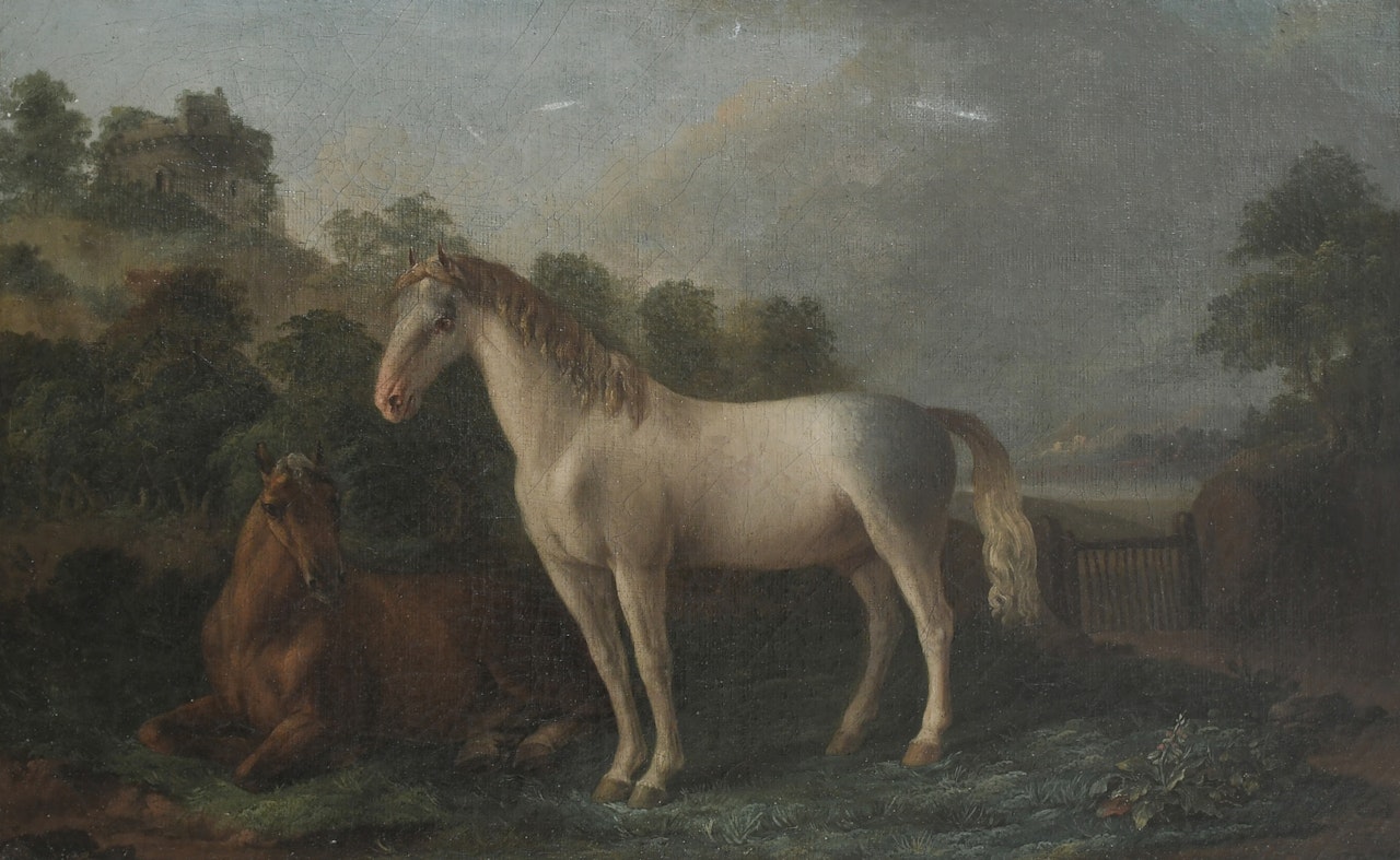 A bay and a grey horse in a field below a ruined tower by English School