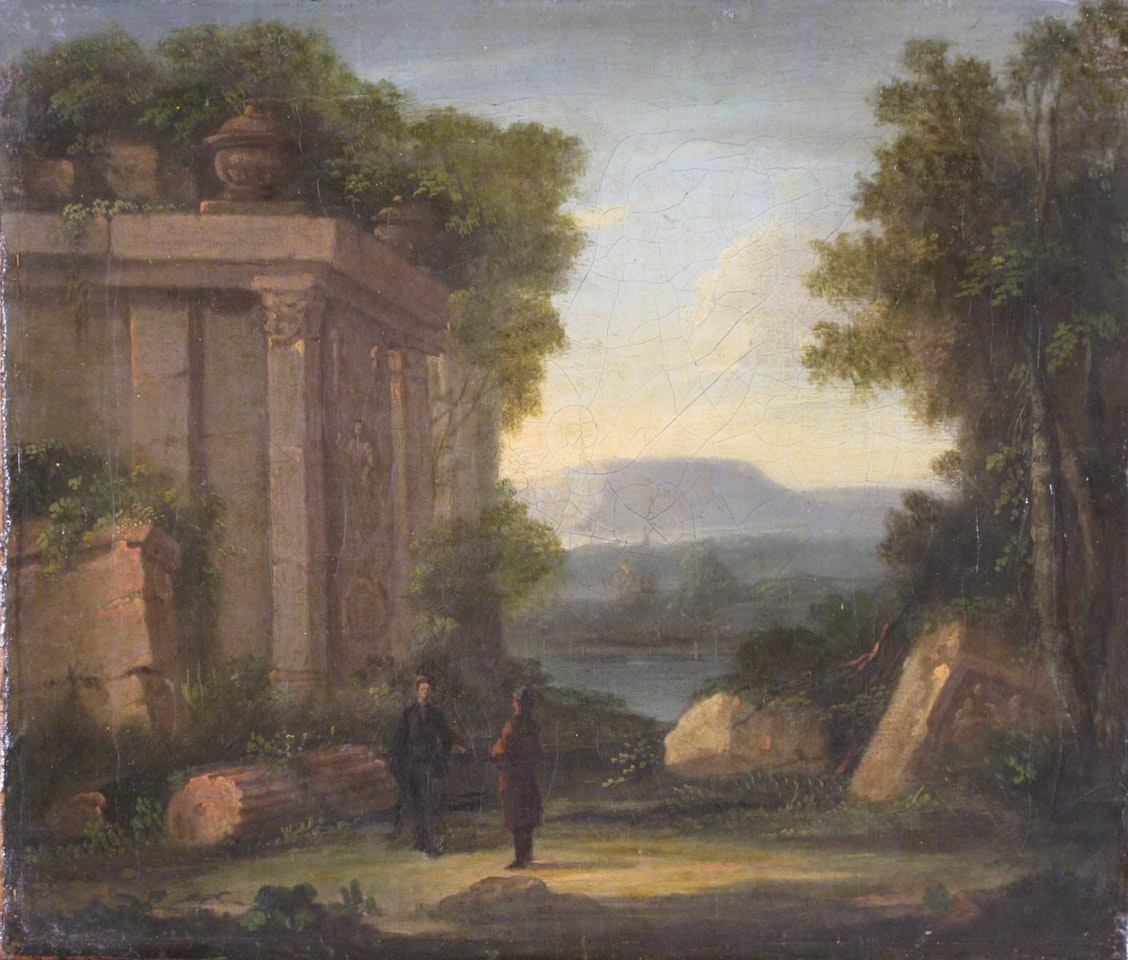 Figures by ruins in an Italianate landscape by English School