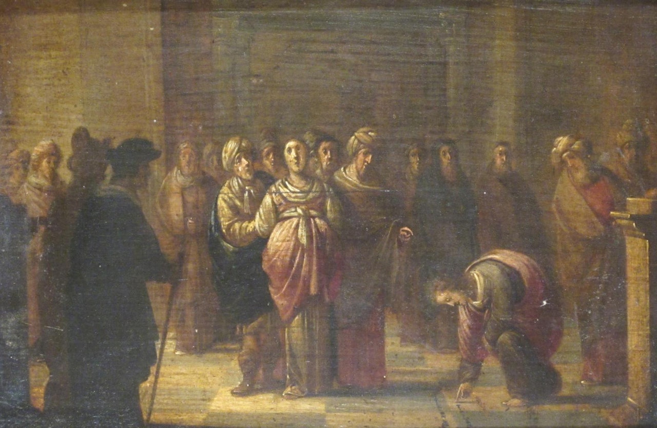 Figures in a temple with a priest writing on the floor by Continental School
