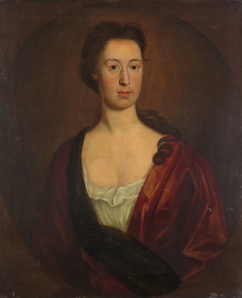 Portrait of a lady, half length, wearing a red robe by English School
