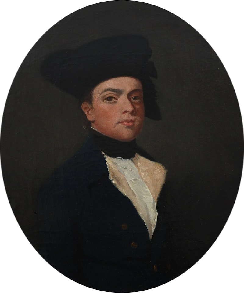 Portrait of a gentleman wearing a blue coat and tricorn hat by French School