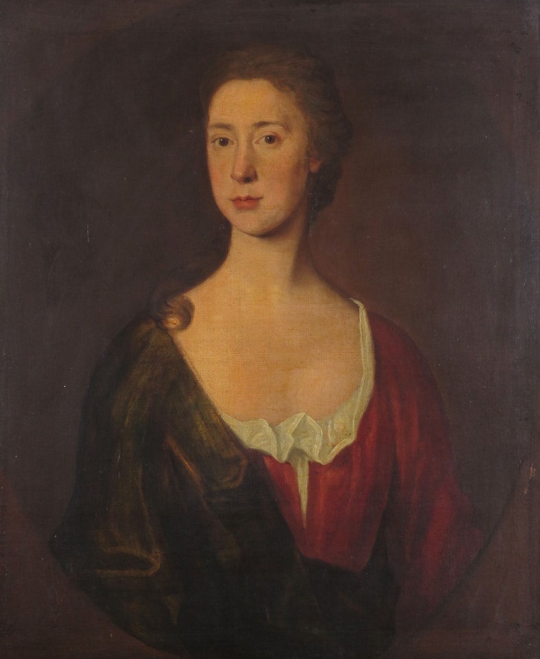 Portrait of a lady, half length, wearing a red robe by English School