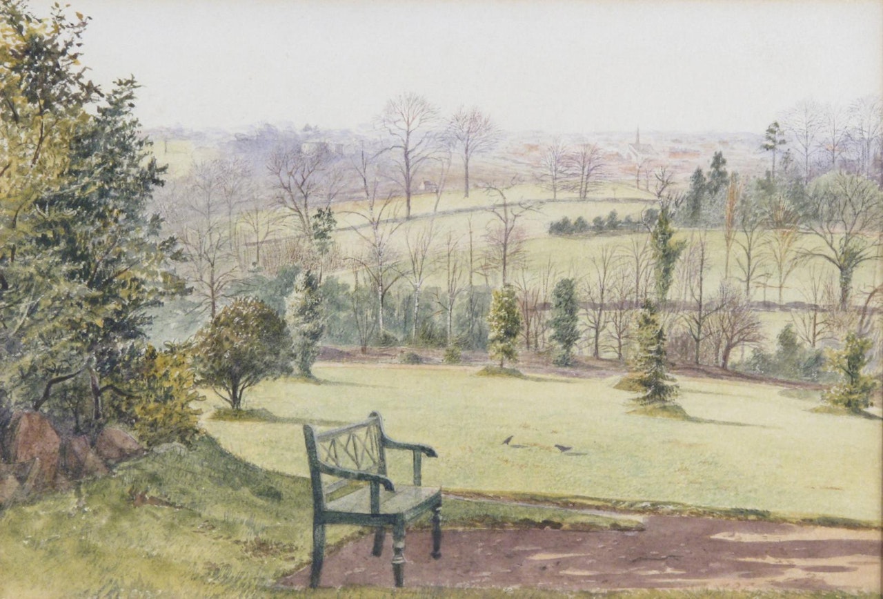 A bench in a park in autumn by English School