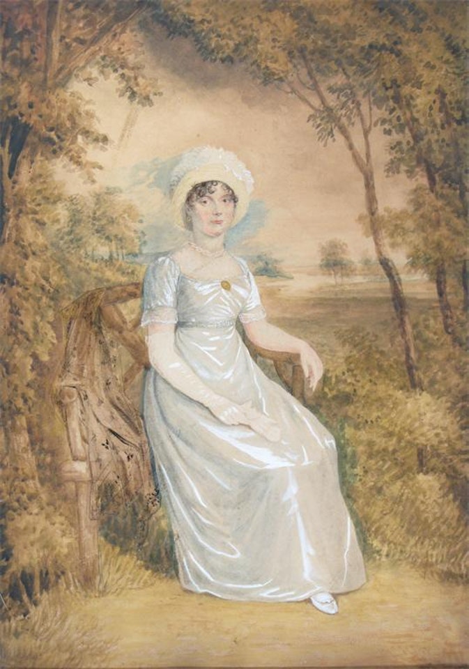 Portrait of a lady, full length in a park by English School