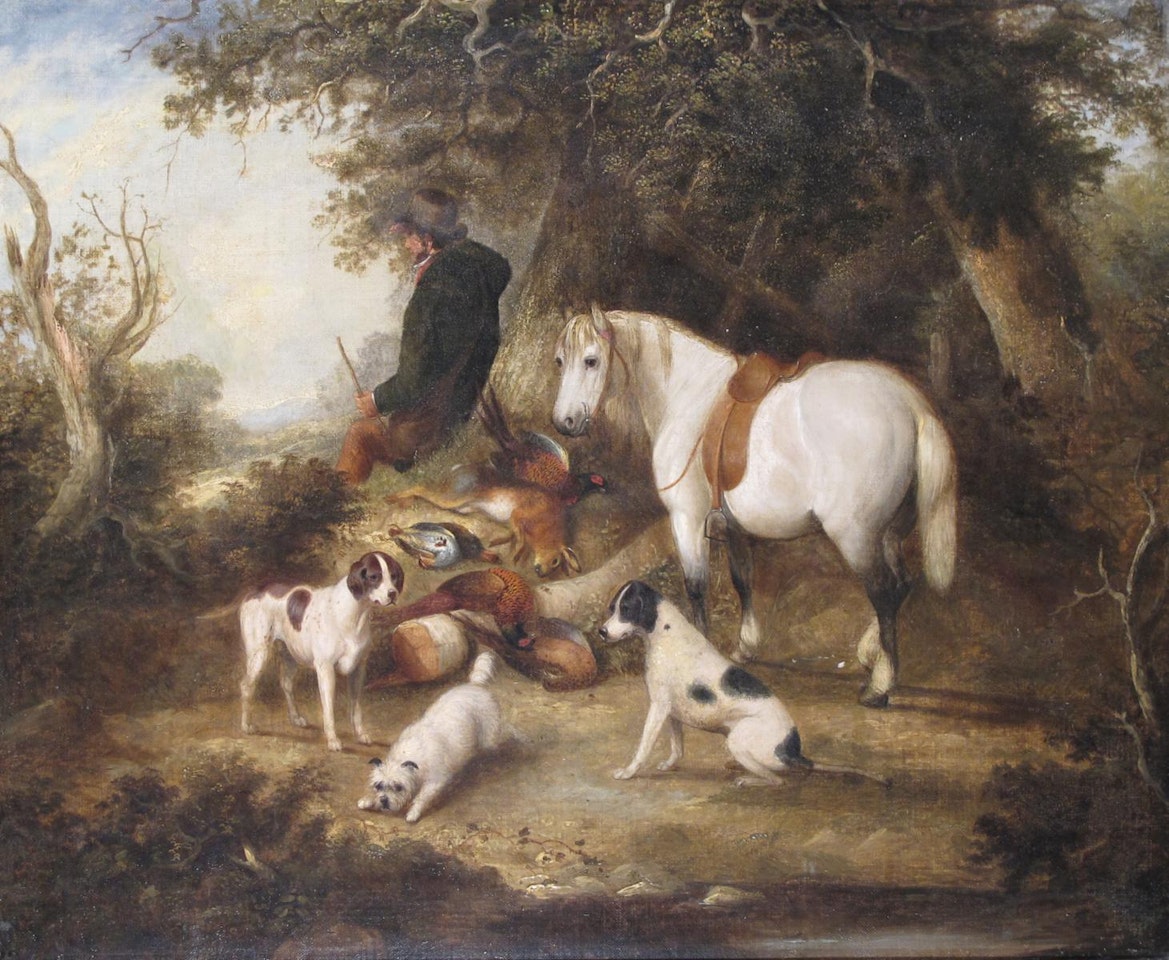 A huntsman resting with his pony, hounds and the day"s bag at his side by English School