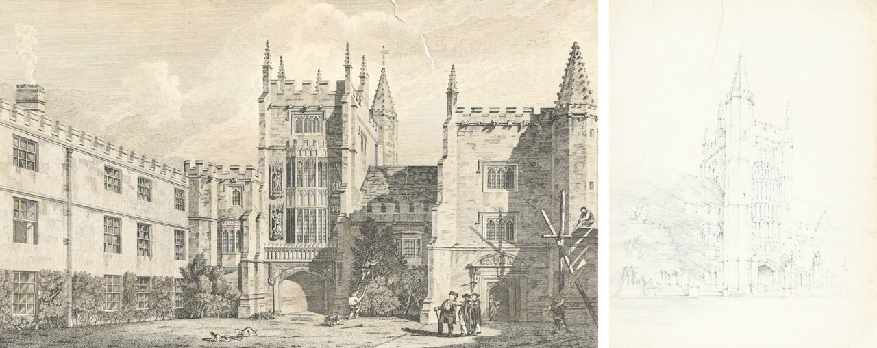 View of the west side of the cloisters of Magdalen College, Oxford; View of the north side of the cloisters of Magdalen College Oxford by English School