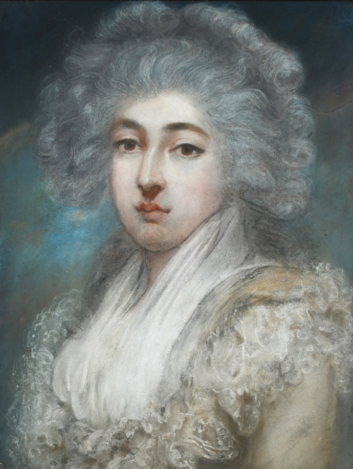 Portrait of a lady in 18th-century dress, bust-length, wearing a white dress and with powdered hair by English School