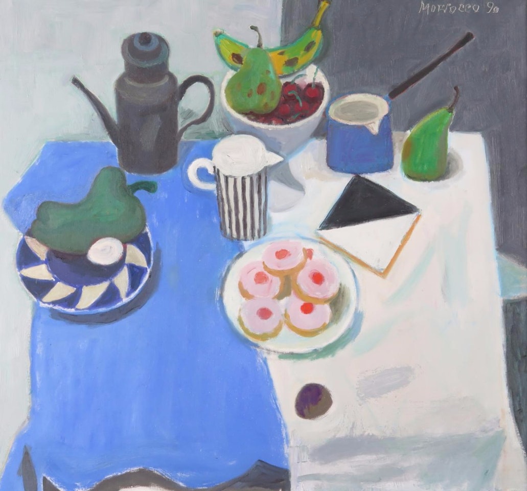 Still life with five pink cakes by Alberto Morrocco