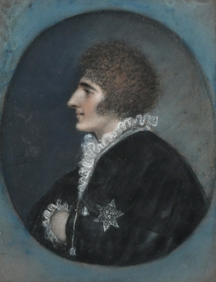 Portrait of John Kemble as Hamlet in profile, in an oval; Portrait miniature of Sarah Butler-Stoney (née Fannin) wearing a black dress; Portrait miniature of a gentleman wearing a blue coat by English School