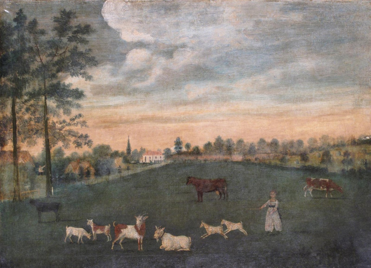 A girl tending cattle and goats on a family estate by English School